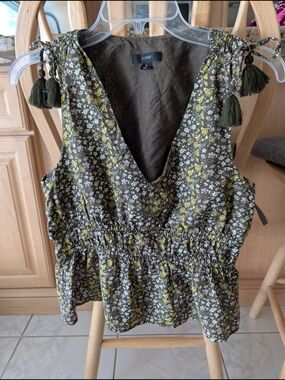 J.Crew Olive Floral Tie-Shoulder Peplum Tank